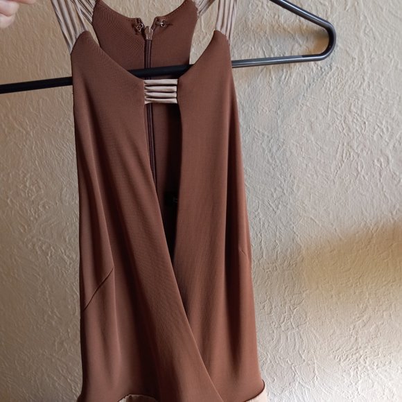 Vintage 90s Keyhole Asymmetric Mocha/Tan Flapper Inspired Dress - Picture 3 of 16